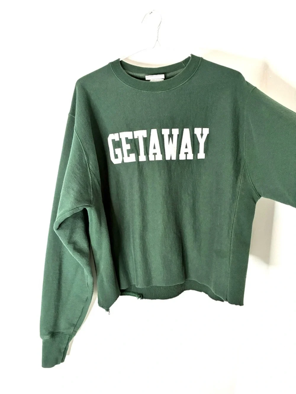 Champion Reverse Weave Green Getaway Crop Oversized Sweatshirt Logo Patchwork - Picture 3 of 9